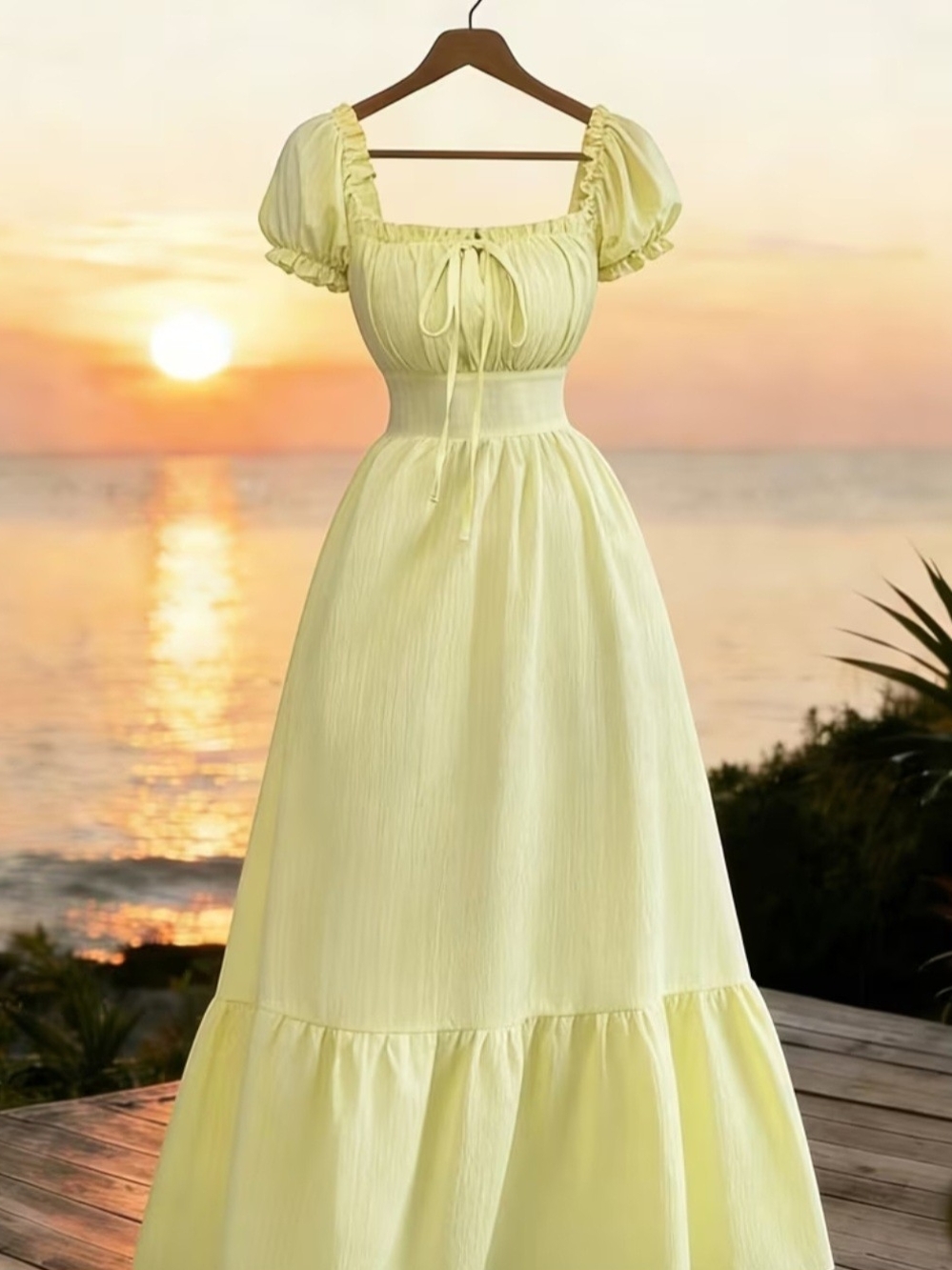 Elegant Yellow Puff-Sleeve Maxi Dress - Soft Summer Style